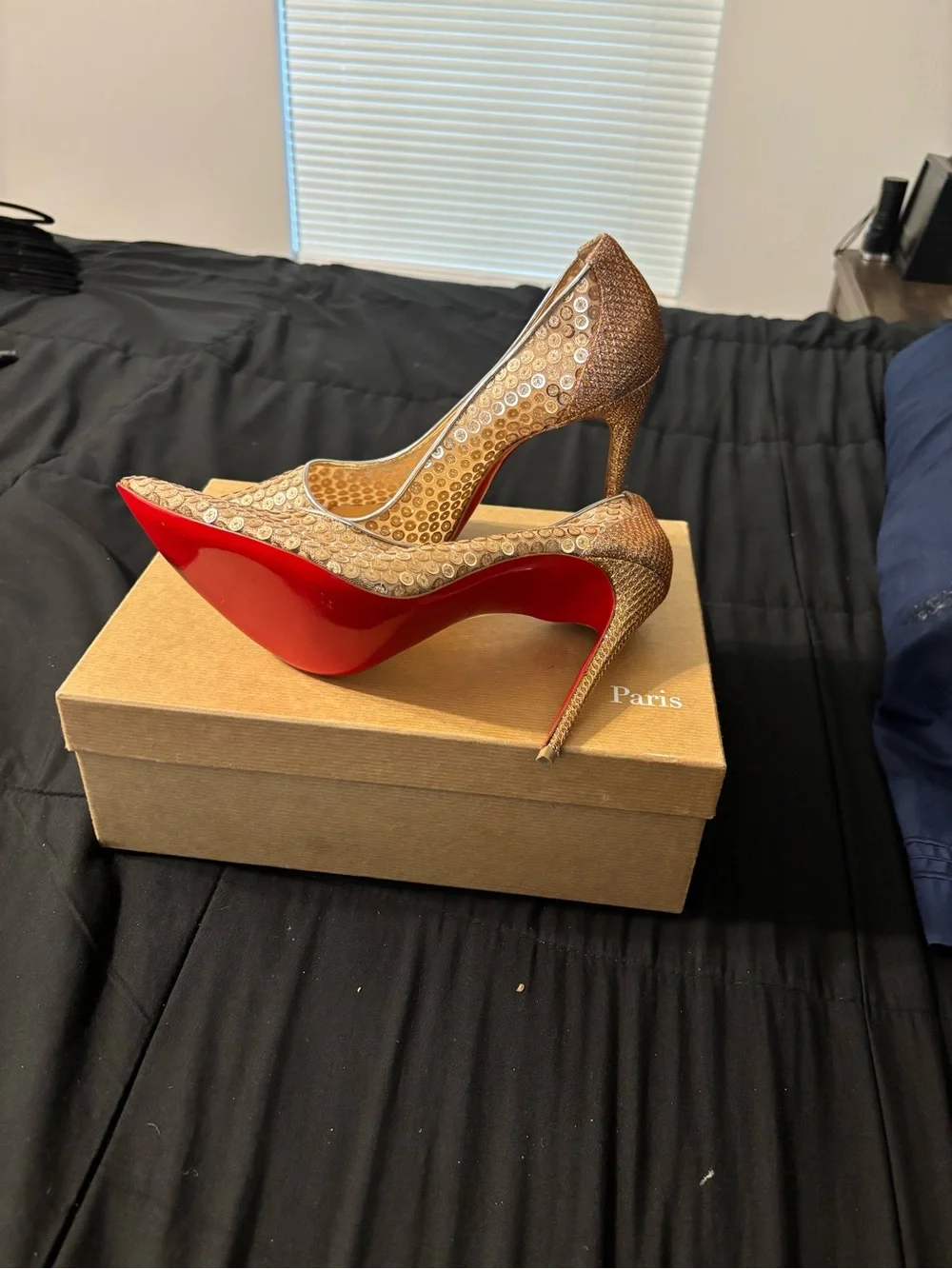 Christian Louboutin Gold Sequin Pointed Toe Stiletto Pumps